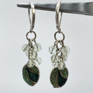 Vintage Silver Tone Green Enamel Dangle Earrings Drop Back Hoops Boho Classic